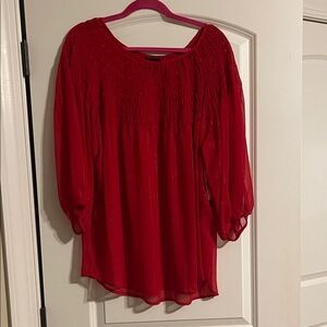 New Directions Red Blouse with Textured Design Sheer and shimmer in fabric